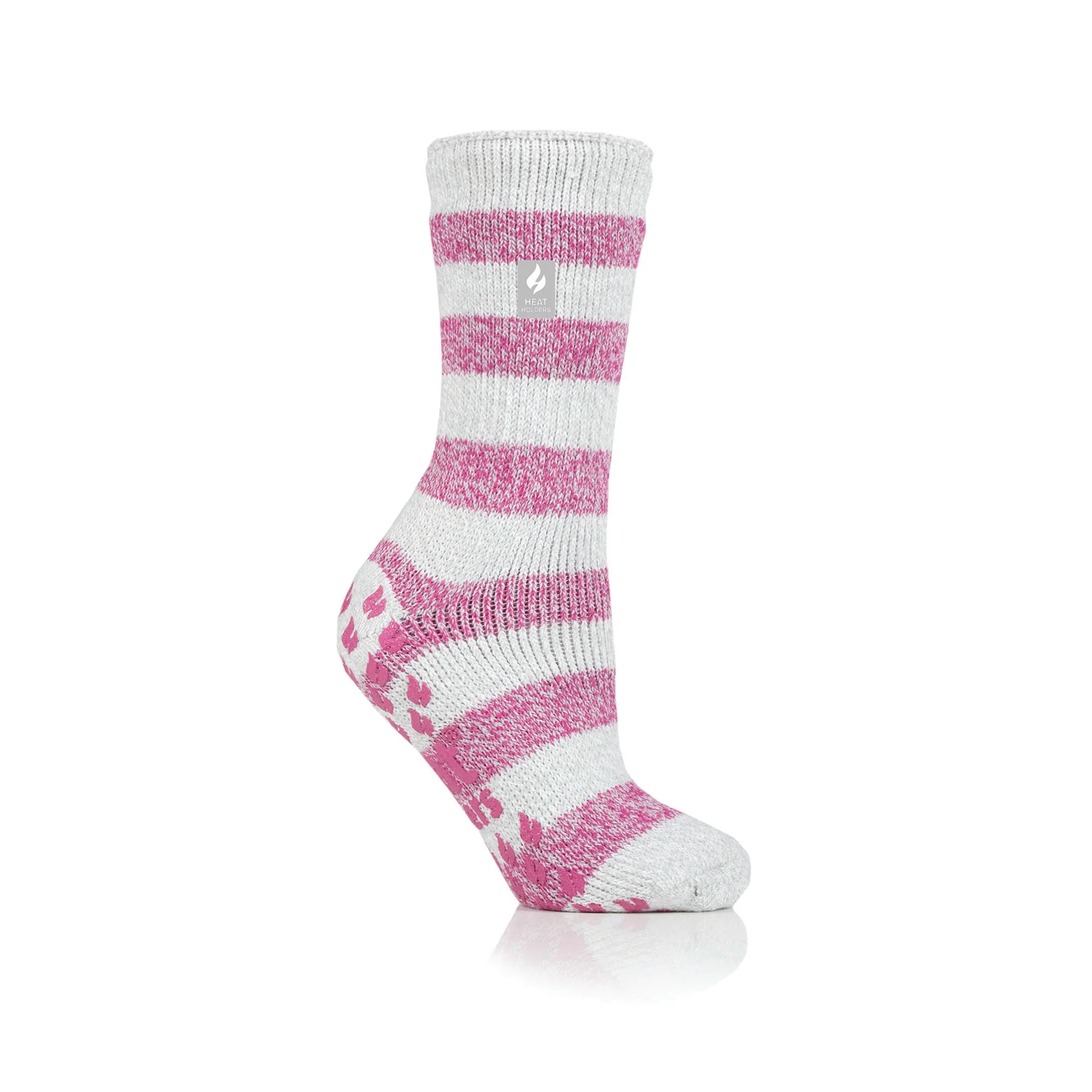Ladies Original Seville Stripe Slipper Socks - Light Grey & Berry - Image 2