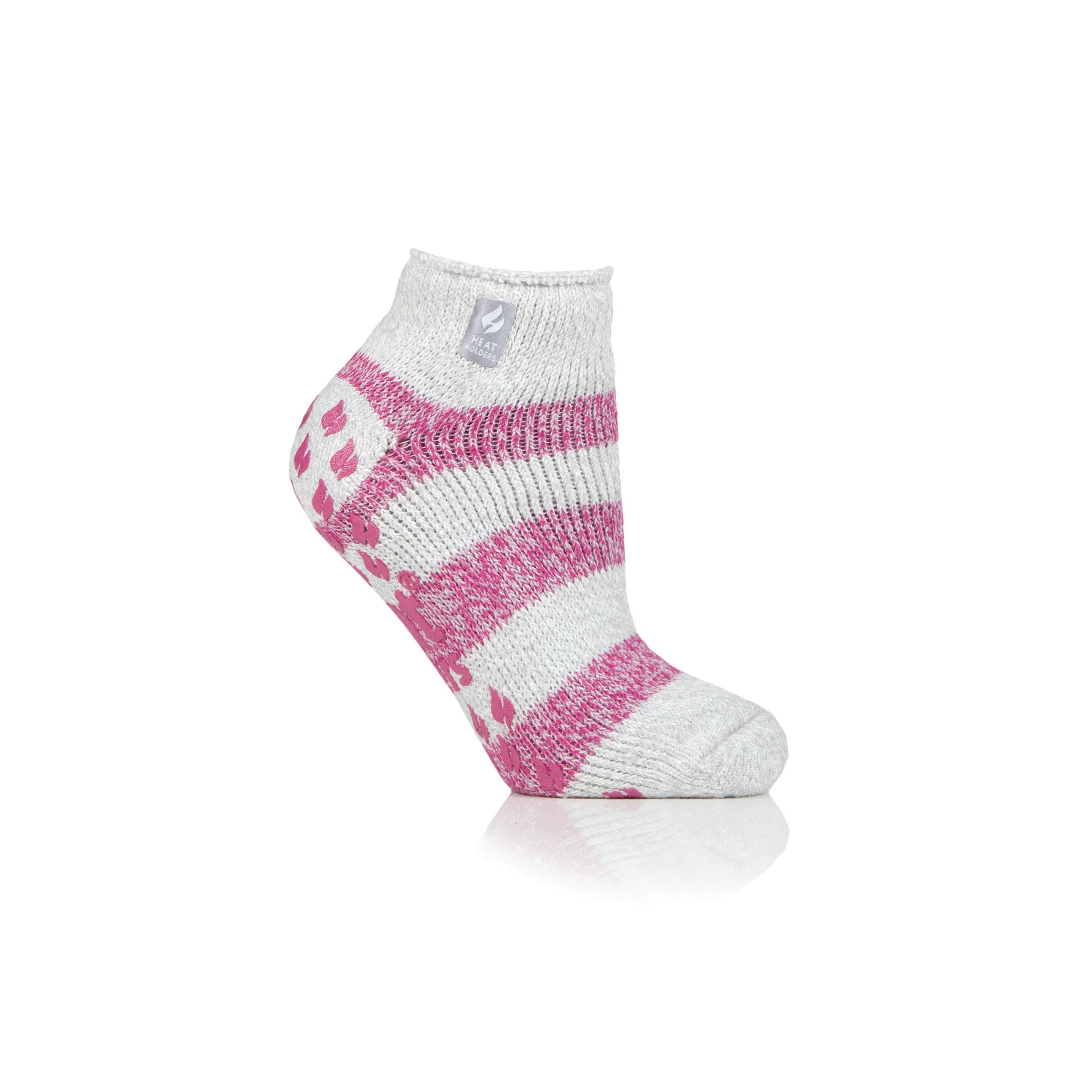 Ladies Original Valencia Stripe Ankle Slipper Socks - Light Grey & Berry - Image 2