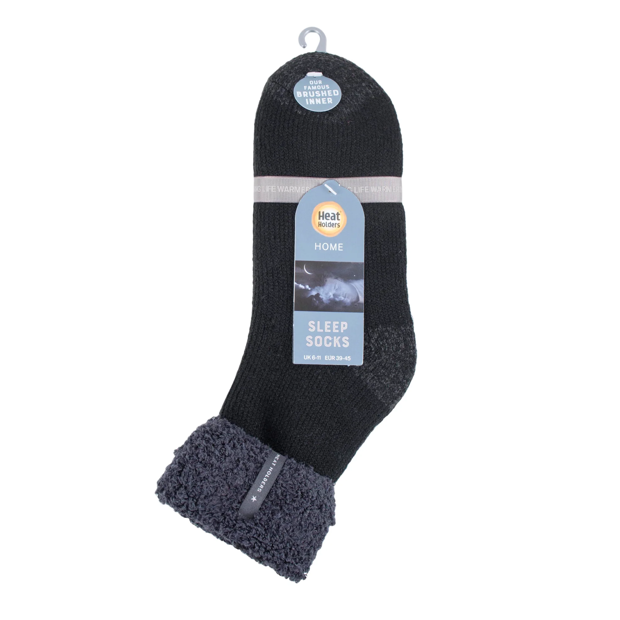 Mens Original Olwen Sleep Socks with Feather Turnover Top - Black - Image 4